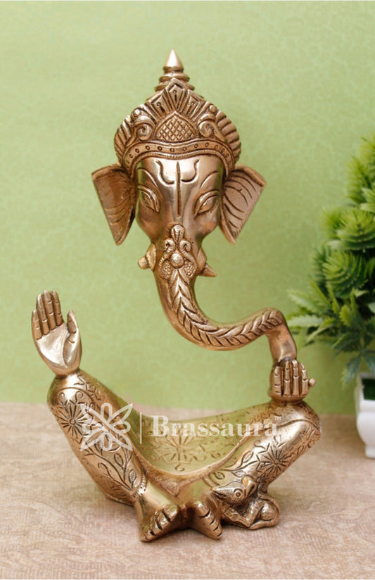 Brassaura™ Brass Crowned Ganesha Statue for Modern Home Décor | Weight 2.5 Kgs | Height 10 Inches