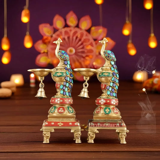 Brassaura™ Pair of Brass Peacock Diyas with Meenakari – Height 11 Inches | Traditional Brass Lamps, 4.63 Kgs