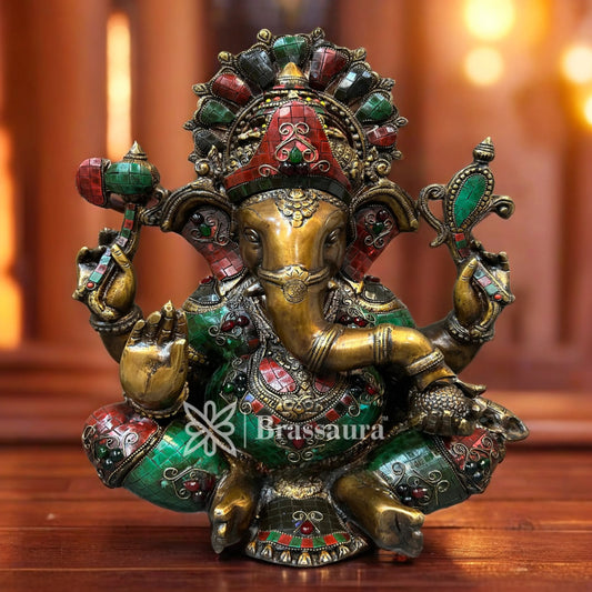 Brassaura™ Brass Ganesha Statue for Home and Decor | Weight 18.6 Kgs | Height 16 Inches