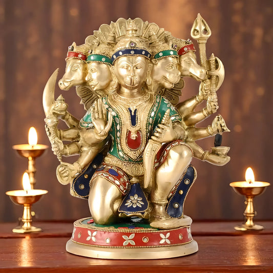 Brassaura® Brass Panchmukhi Hanuman Idol – Height 11 Inches | Handcrafted with Natural Stones