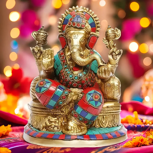Brassaura™ Brass Gem Stone Work Ganesha Murti – Height 7.87 inches & Weight 3.2 kgs | Traditional Ganpati Murti for Home & Pooja Room