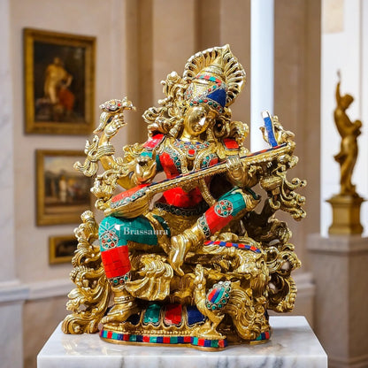 Brass Gem Stone Work Saraswati for Home and Decor Height 16 Inches & Weight 15 Kgs