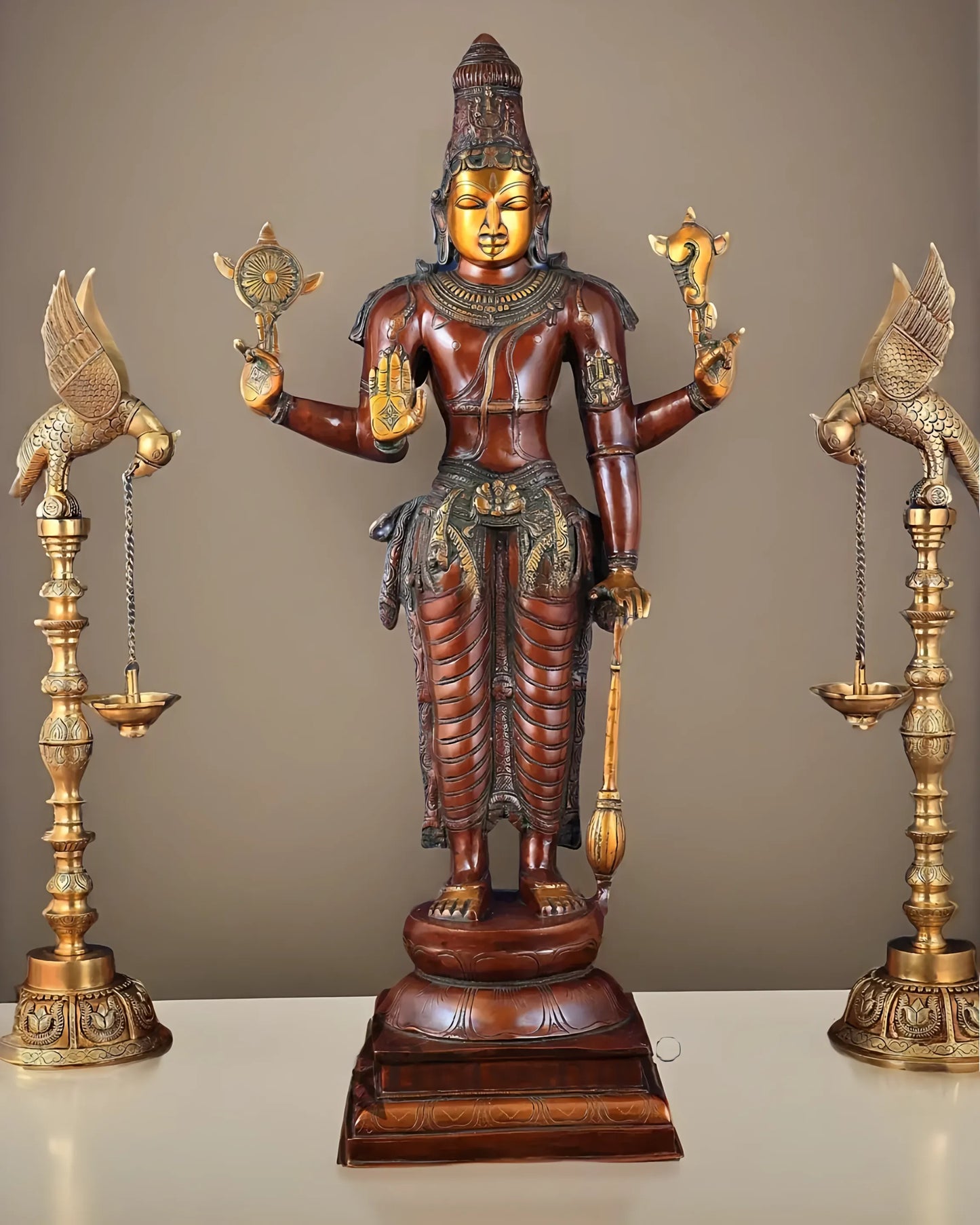 Brassaura™ Handcrafted Pure Brass Lord Vishnu Statue on Lotus Base with Sheshnaag | 37 Inch Height | 27 KG Weight | Black Heat-Treated Finish