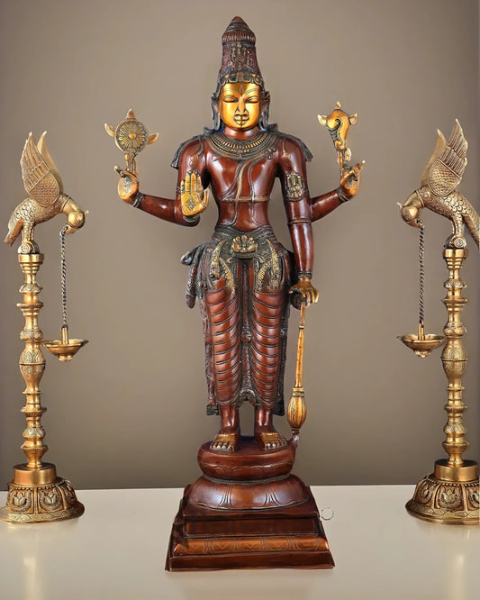 Brassaura™ Handcrafted Pure Brass Lord Vishnu Statue on Lotus Base with Sheshnaag | 37 Inch Height | 27 KG Weight | Black Heat-Treated Finish