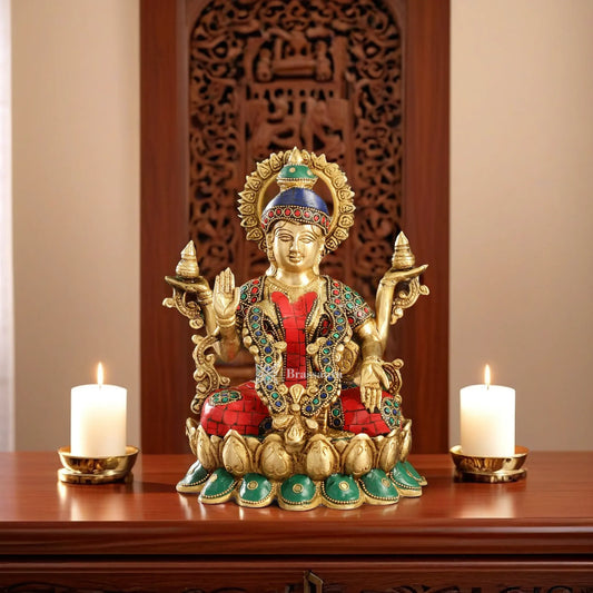 Brass Gem Stone Work Laxmi Mata for Home and Decor Height 10.5 Inches & Weight 4 Kgs