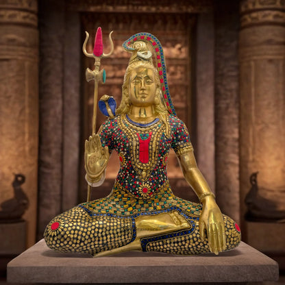 Brassaura™ Brass Shiva Idol Adorned with Gem Stones –– Height 20 Inches & Weight 13.7 Kgs | Traditional Décor