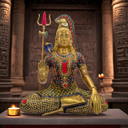 Brassaura™ Brass Shiva Idol Adorned with Gem Stones –– Height 20 Inches & Weight 13.7 Kgs | Traditional Décor