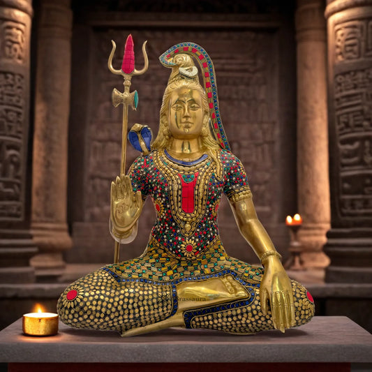 Brassaura™ Brass Shiva Idol Adorned with Gem Stones –– Height 20 Inches & Weight 13.7 Kgs | Traditional Décor