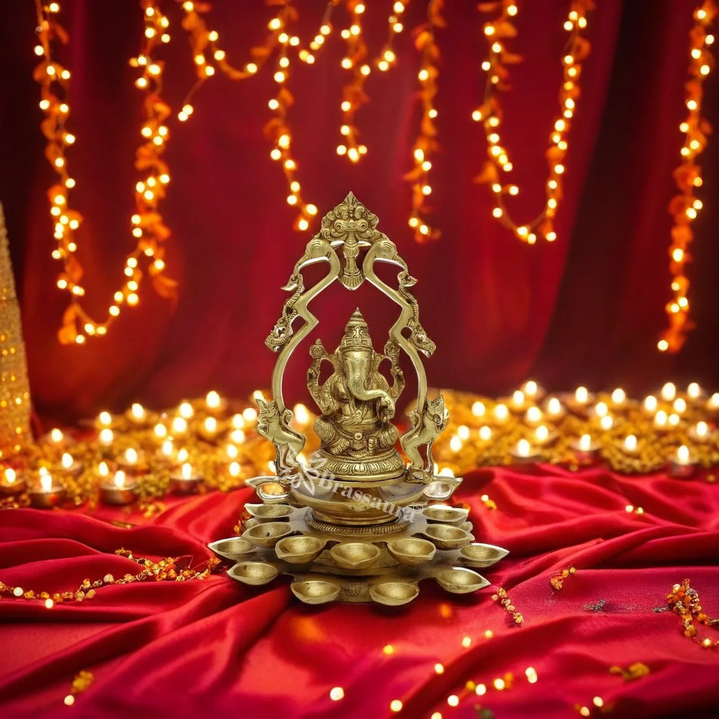 Brass Ganesha With Multiple Diya Weight 3.8 Kg And Height 12 Inch
