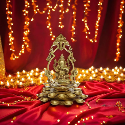 Brass Ganesha With Multiple Diya Weight 3.8 Kg And Height 12 Inch