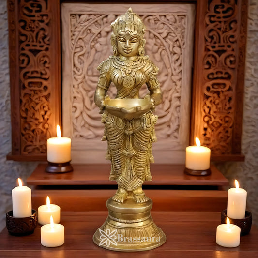 Brassaura™ Brass Deep Laxmi With Diya – Height 9.5 Inches & Weight 1.58 Kgs | Temple & Home Décor
