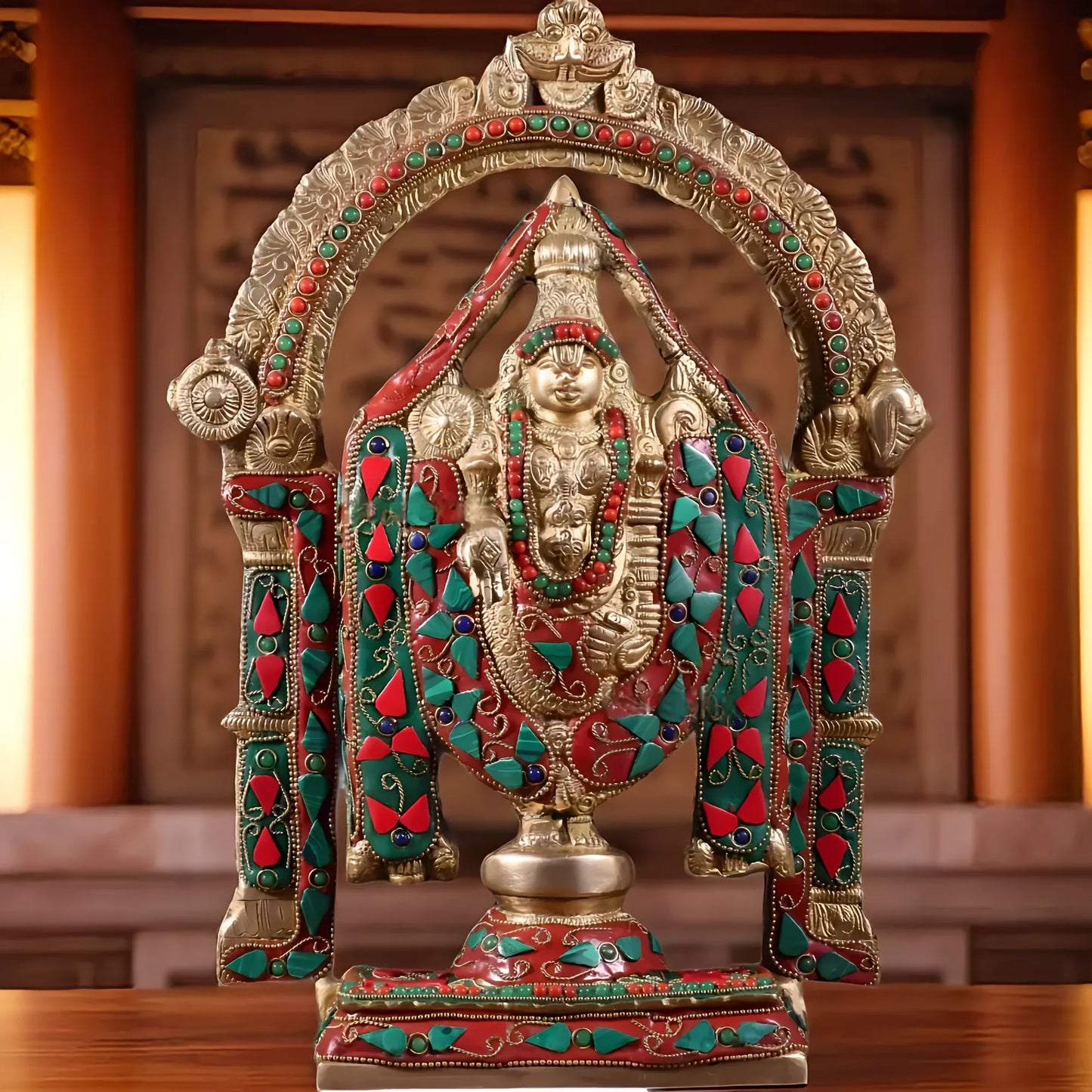 Brassaura™ Superfine Brass Tirupati Balaji Idol with Meenakari Stonework | Handcrafted Devotional Décor | Weight 4.5 Kgs | Height 13 Inches