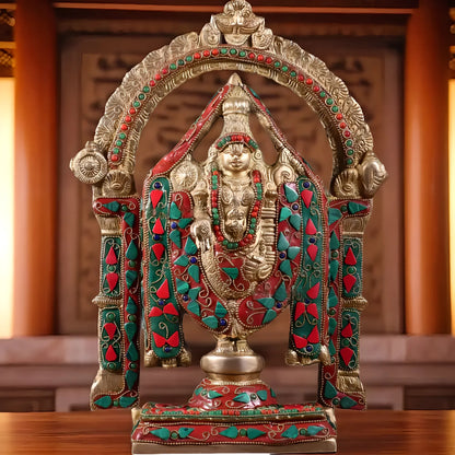 Brassaura™ Superfine Brass Tirupati Balaji Idol with Meenakari Stonework | Handcrafted Devotional Décor | Weight 4.5 Kgs | Height 13 Inches