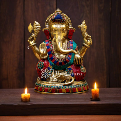 Brassaura™ Brass Gem Stone Work Ganesha Idol for Home and Decor | Weight 3 Kgs | Height 7.5 Inches