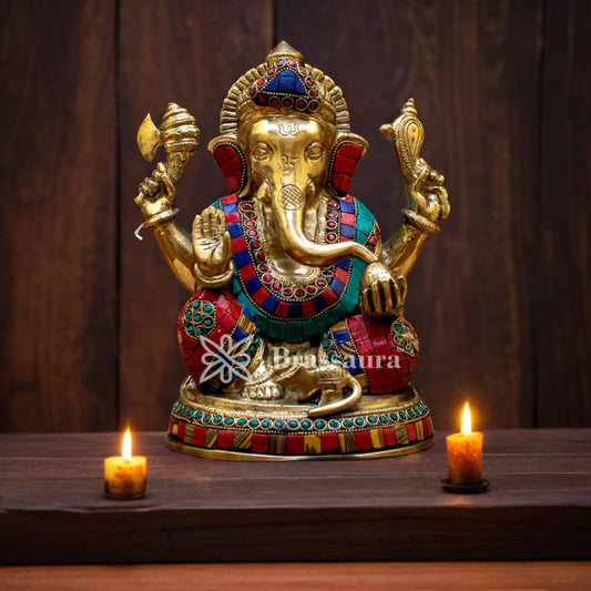 Brassaura™ Brass Gem Stone Work Ganesha Idol for Home and Decor | Weight 3 Kgs | Height 7.5 Inches