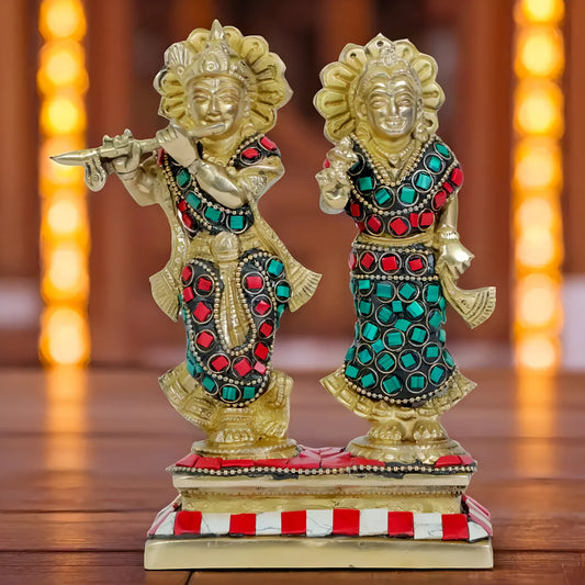 Brassaura™ Radha Krishna Murti with Gemstone Work | Pure Brass | Height 28 cm (11 inches) & Weight 1.41 kgs