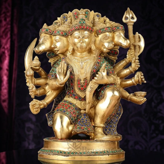 Brassaura™ Handmade Panchmukhi Hanuman Idol – Height 11 Inches & Weight 6.6 Kgs | Golden Finish