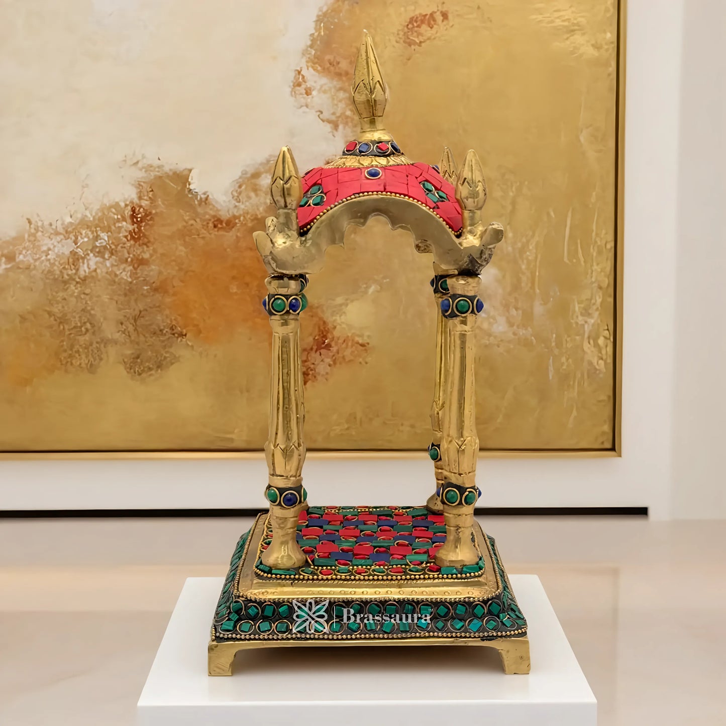 Brassaura™ Brass Gem Stone Work Temple Statue – Height 10.4 Inches & Weight 2.3 Kgs | Handcrafted Temple Sculpture,