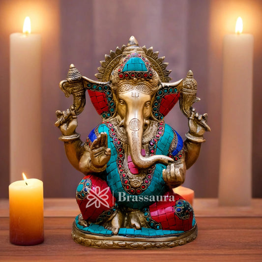 Brassaura™ Brass Gem Stone Work Ganesha Idol for Home and Decor | Weight 4.2 Kgs | Height 10 Inches