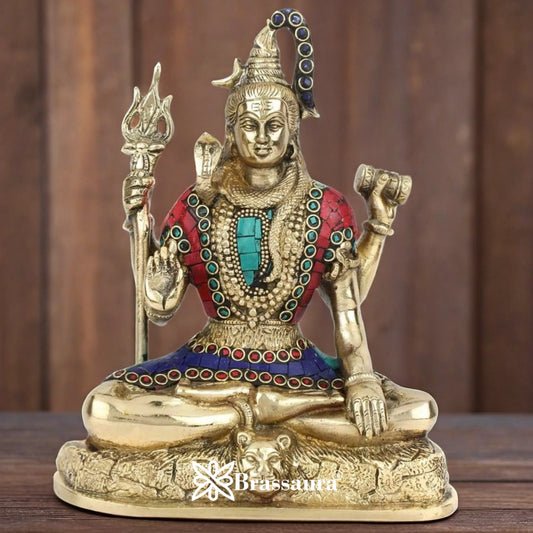 Brassaura™ Decorative Brass Shiva Murti with Gemstone Accents – Height 9 Inches & Weight 2.8 Kgs