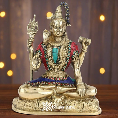 Brassaura™ Decorative Brass Shiva Murti with Gemstone Accents – Height 9 Inches & Weight 2.8 Kgs