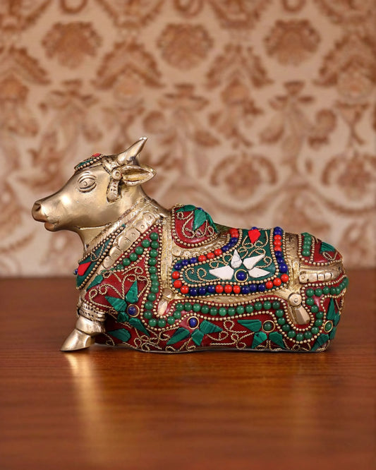 Brassaura™ Small Brass Nandi Idol with Floral Stonework – Height 4.5" & Weight 1.65 Kgs