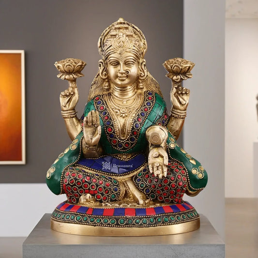 Brass Gem Stone Work Laxmi Mata for Home and Decor Height 8 Inches & Weight 3.2 Kgs
