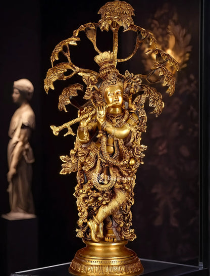 Brassaura™ Superfine Brass Krishna under Tree Sculpture – Height 35 Inches & Weight 32 Kgs