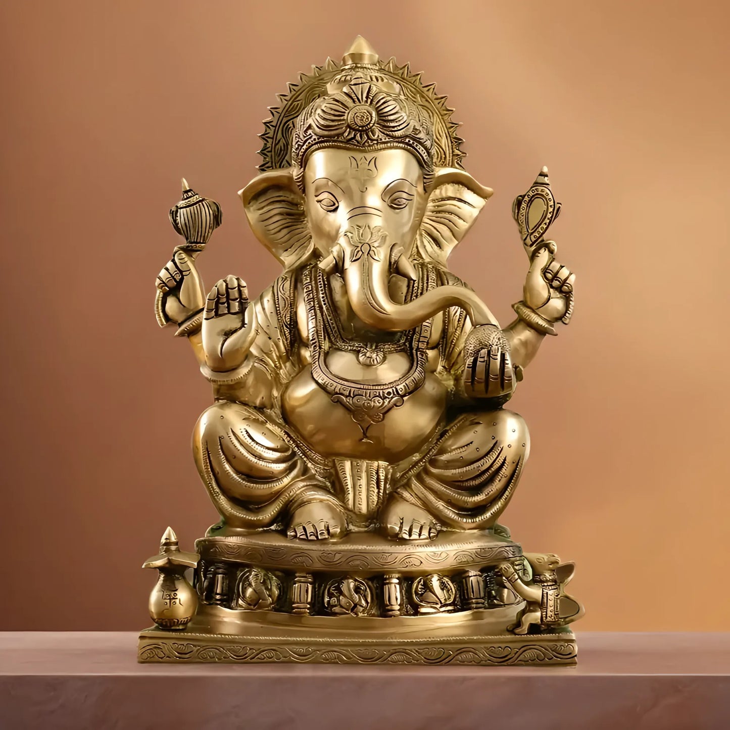 Brassaura™ Brass Lord Ganesha Statue with Ashtavinayak Base | Handcrafted Fine Brass Idol | Height 13 Inches & Weight 10 Kgs