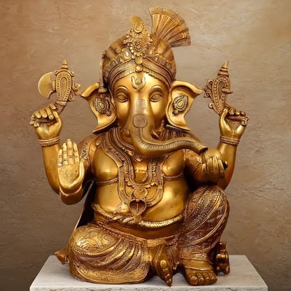 Brassaura™ Pure Brass Lord Ganesha Idol | Handcrafted Spiritual Showpiece | Weight 29.5 Kgs | Height 21 Inches