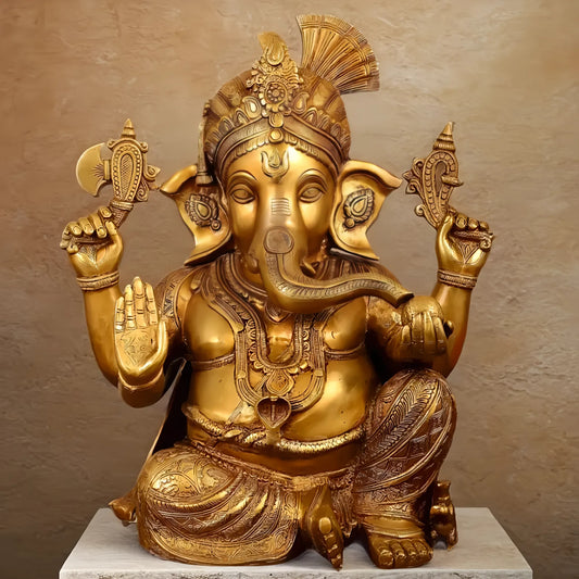 Brassaura™ Pure Brass Lord Ganesha Idol | Handcrafted Spiritual Showpiece | Weight 29.5 Kgs | Height 21 Inches