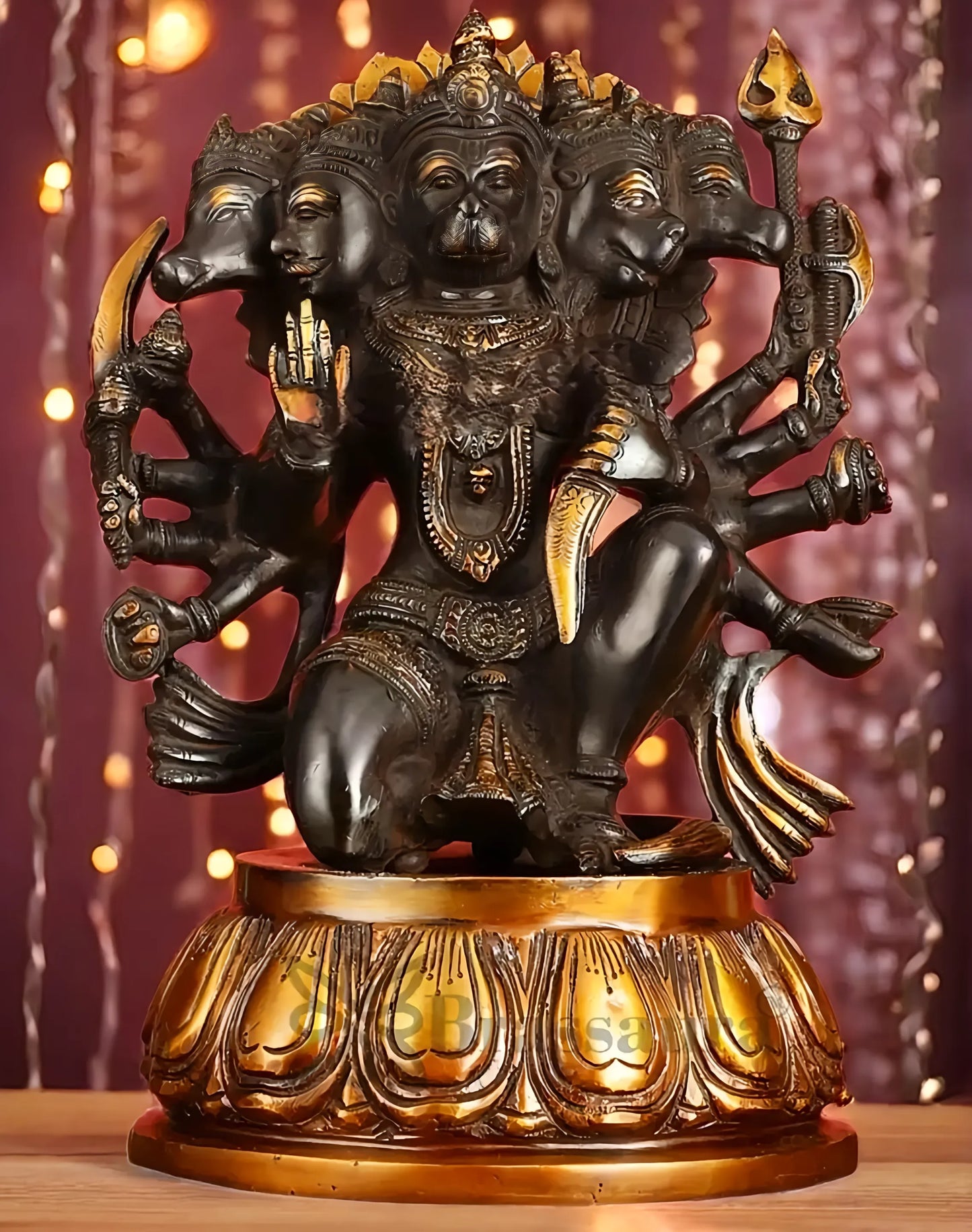 Brassaura™ Pure Brass Panchmukhi Hanuman Idol – Height 13.5 Inches & Weight 9 Kgs | Heat-Treated Black & Gold Finish