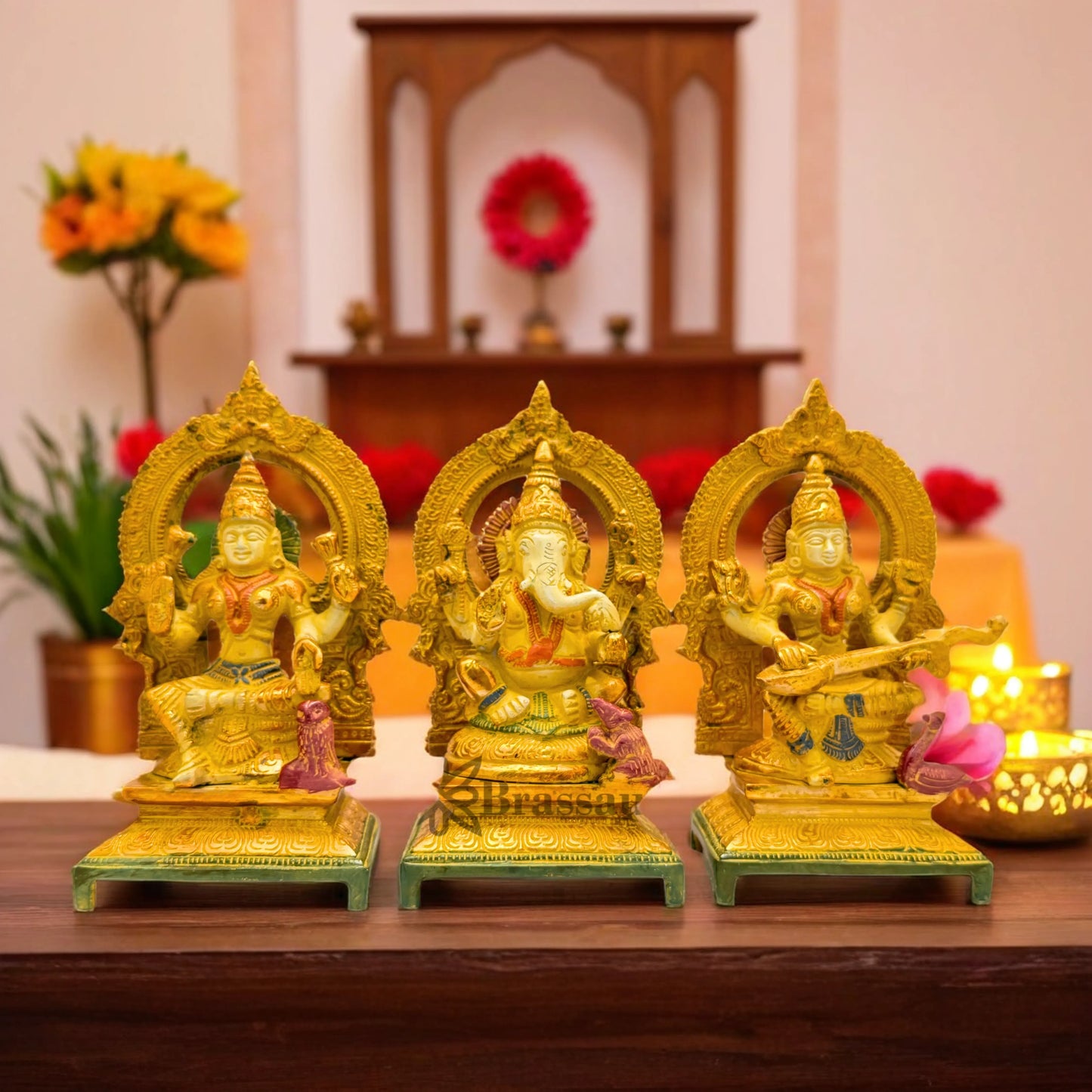 Brassaura™ Brass Multi Colored White & Gold Patina Finish Lakshmi Ganesha Saraswati - Height 7.5 Inches & Weight 4.6 Kgs