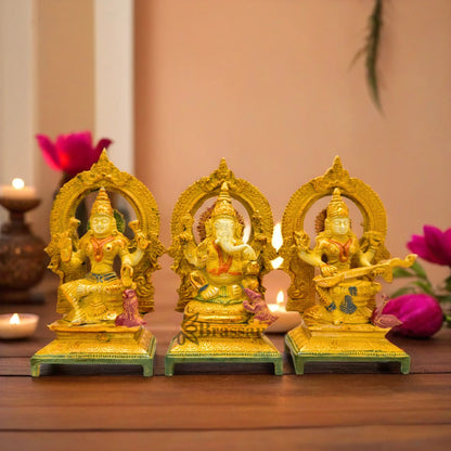 Brassaura™ Brass Multi Colored White & Gold Patina Finish Lakshmi Ganesha Saraswati - Height 7.5 Inches & Weight 4.6 Kgs