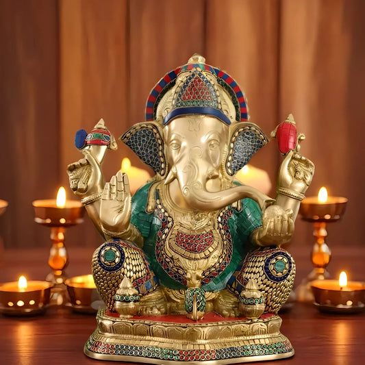 Brassaura™ Brass Lord Ganapathi with Mooshak & Kalash Statue | Height 16 Inches & Weight 14 Kgs