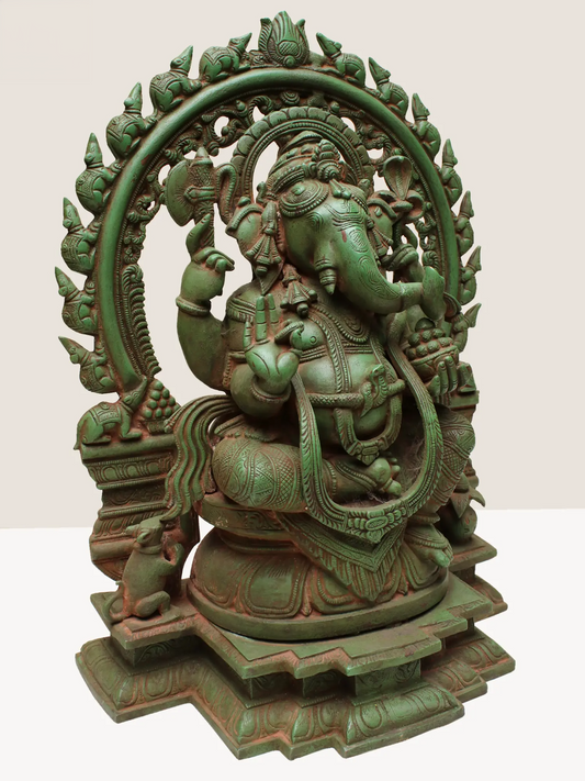 Brassaura™ Brass Sitting Lord Ganesha with Temple Arch | Height 18 Inches & Weight 16.95 kgs