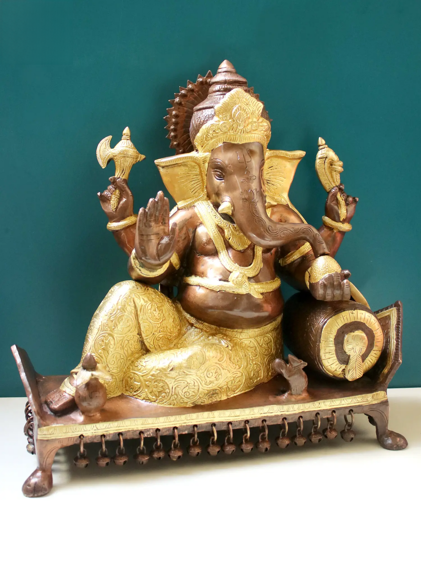 Brassaura™ Reclining Lord Ganesha on Chowki | Pure Brass Seated Idol | Height 16 Inches