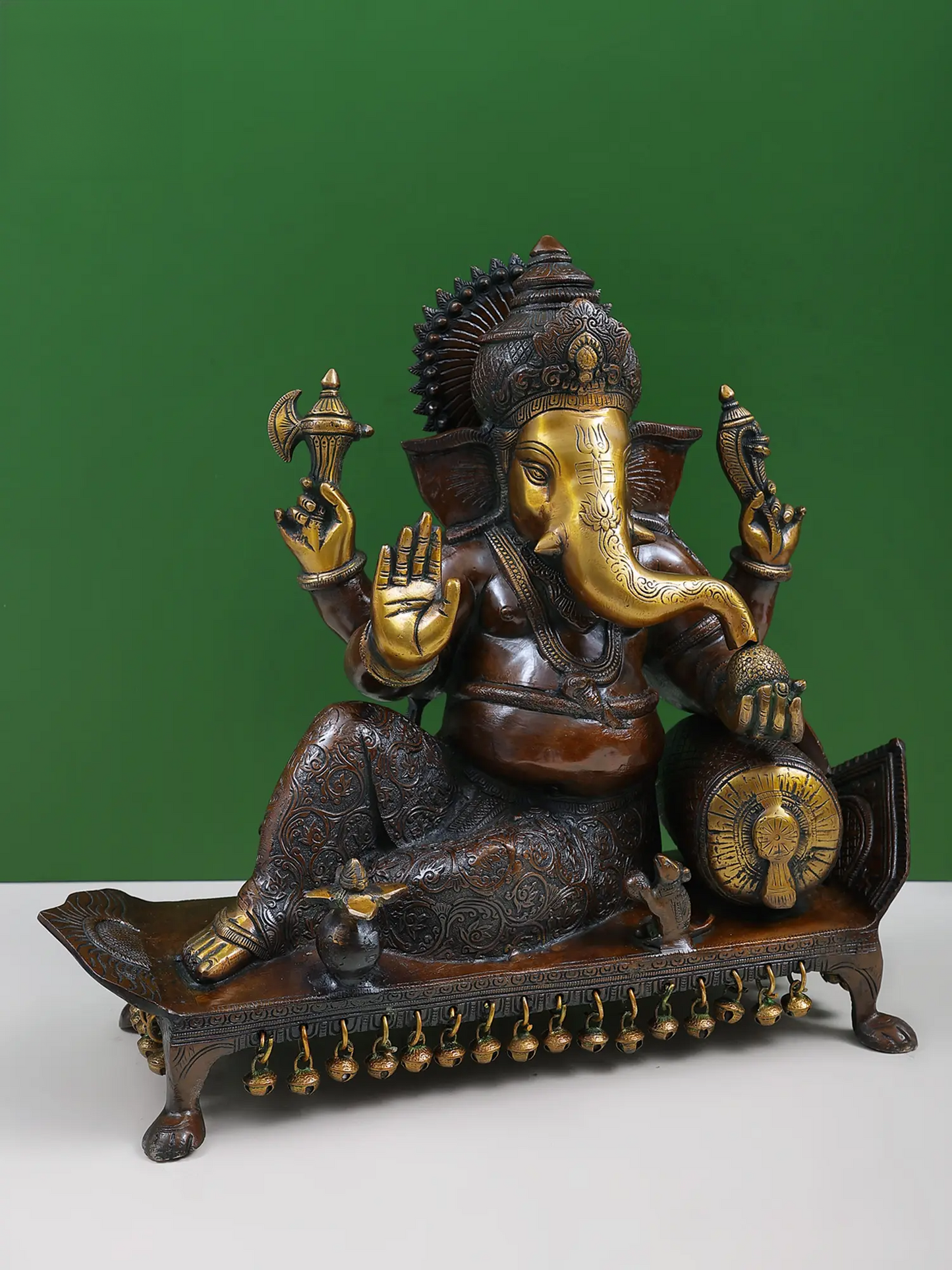 Brassaura™ Reclining Lord Ganesha on Chowki | Pure Brass Seated Idol | Height 16 Inches