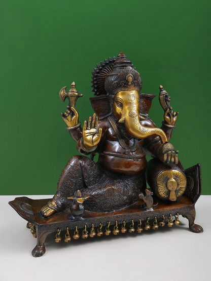 Brassaura™ Reclining Lord Ganesha on Chowki | Pure Brass Seated Idol | Height 16 Inches
