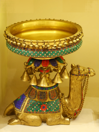 Brassaura® Royal Camel Brass Urli with Multicolor Inlay Work & Hanging Bells | Pure Brass | Height 16 Inches & Weight 15.75 kgs
