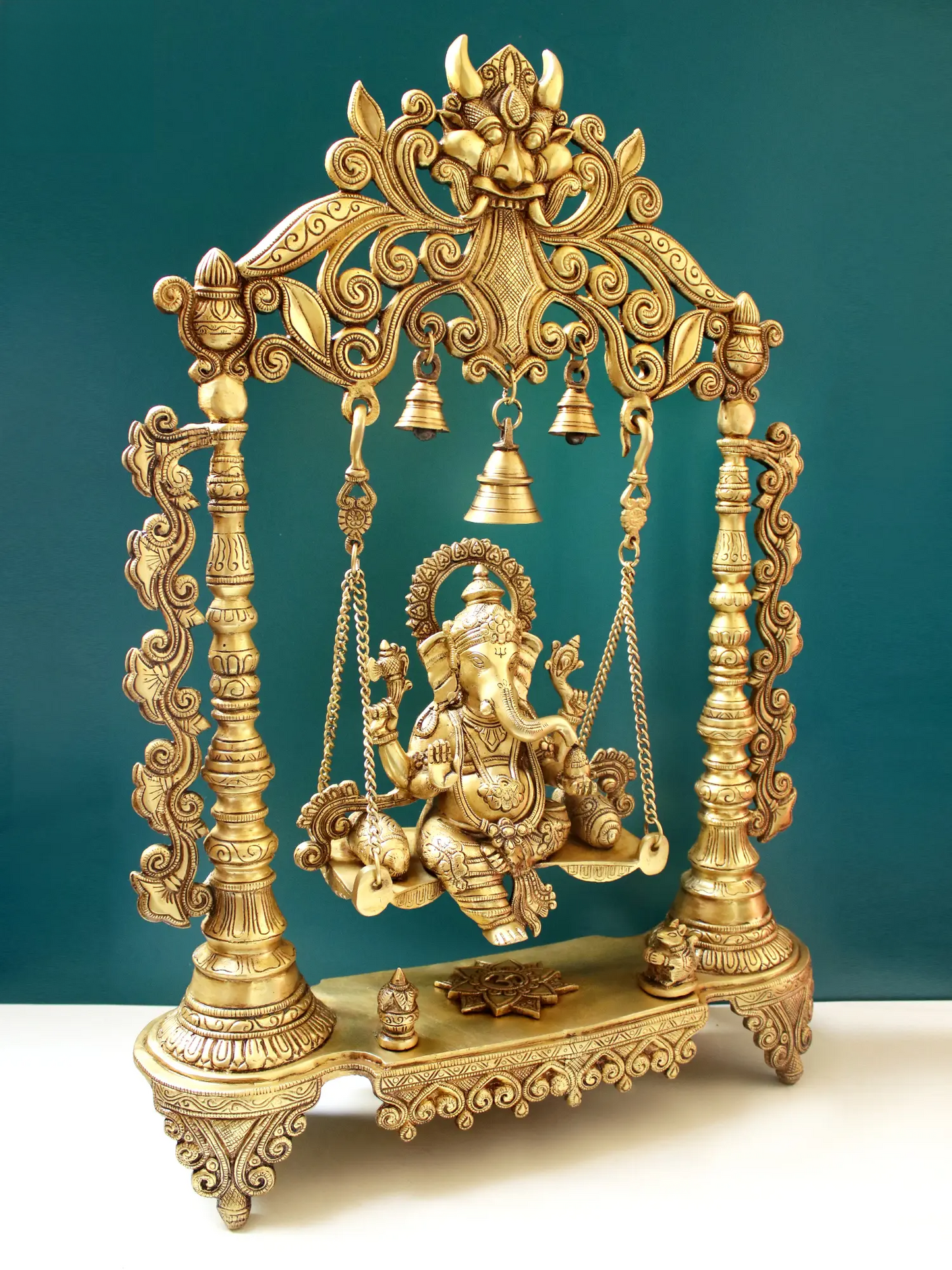 Brassaura™ Kirtimukha Lord Ganesha on Swing with Bells | Pure Brass Idol | Height 26 Inches & Weight 16.60 Kgs