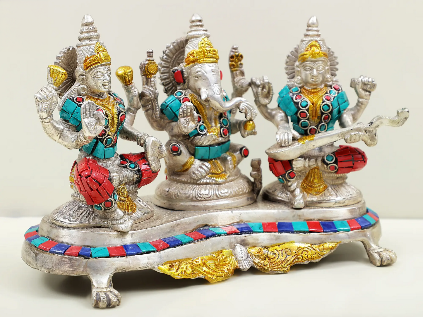 Brassaura™ Brass Laxmi Ganesh Saraswati Idol Set with Inlay Work for Diwali & Pooja Decor | 6 Inches | 3.10 kgs