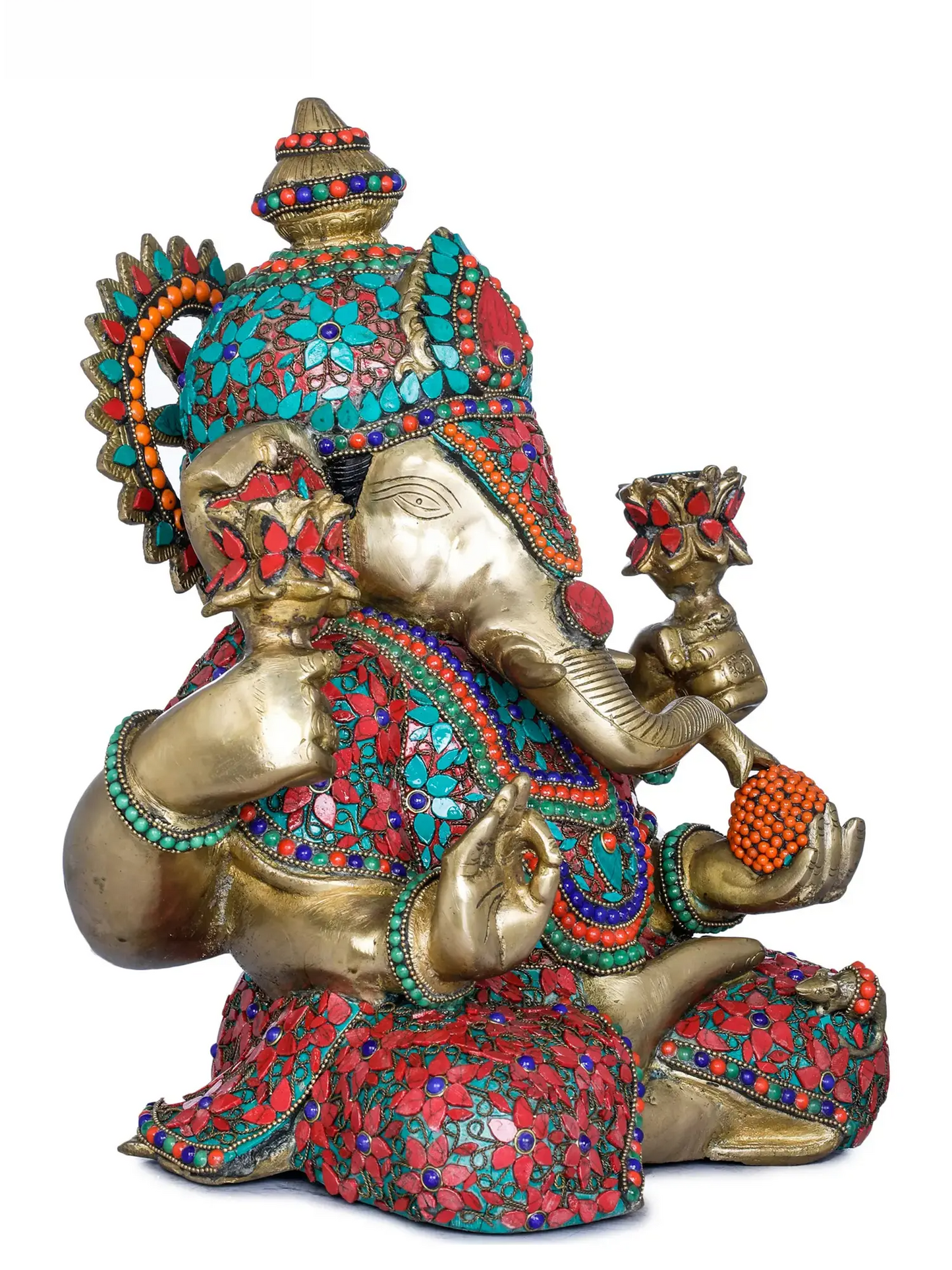 Brassaura® Lord Ganesha Holding Lotus Flowers in Hands | Brass with Meenakari Inlay Work | Height 13.8 Inches & Weight 14.40 kgs