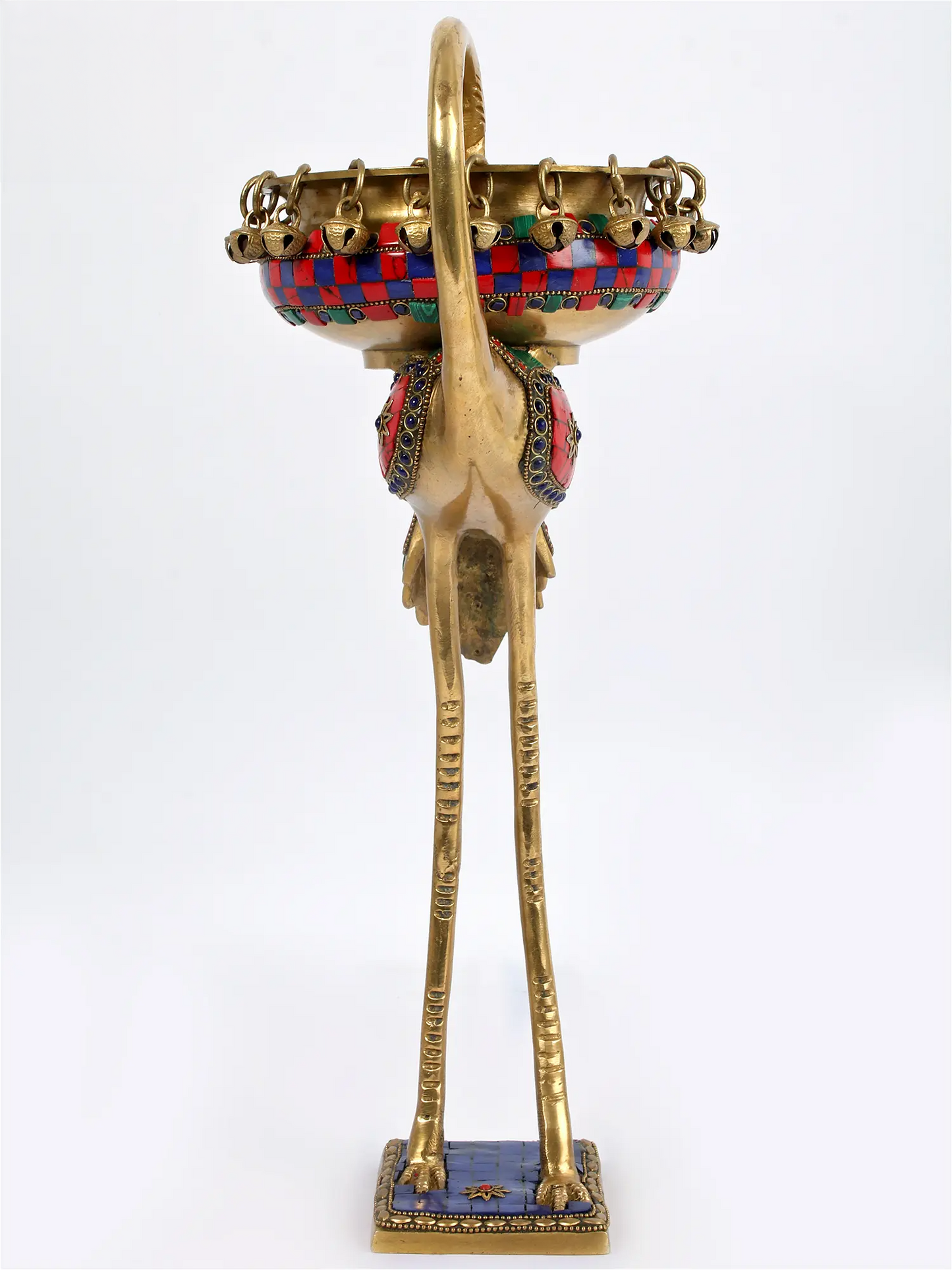 ब्रासौर® फ्लेमिंगो ब्रास उर्ली, मल्टीकलर इनले वर्क और हैंगिंग बेल्स के साथ | शुद्ध पीतल | ऊंचाई 17 इंच और वज़न 2.91 किलोग्राम