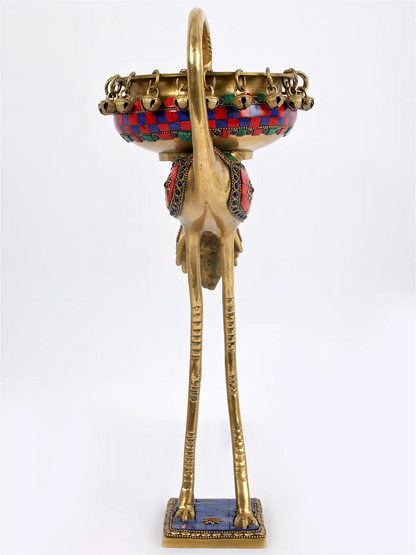 ब्रासौर® फ्लेमिंगो ब्रास उर्ली, मल्टीकलर इनले वर्क और हैंगिंग बेल्स के साथ | शुद्ध पीतल | ऊंचाई 17 इंच और वज़न 2.91 किलोग्राम