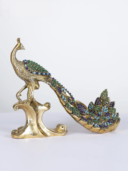 Brassaura® Brass Peacock Decorative Statue with Inlay Work | Pure Brass | Height 8.3 Inches & Weight 2.80 kgs