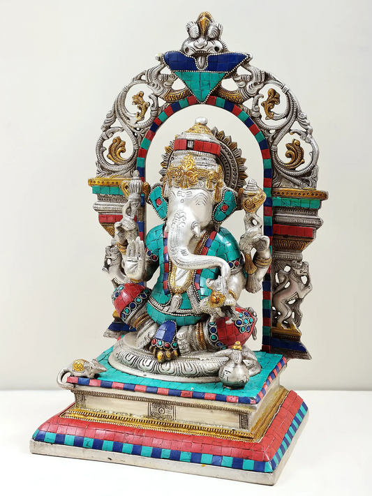 Brassaura™ Bhagawan Ganesha on Elaborate Throne | Brass with Inlay Stonework | Height 16 Inches & Weight 9.30 kgs