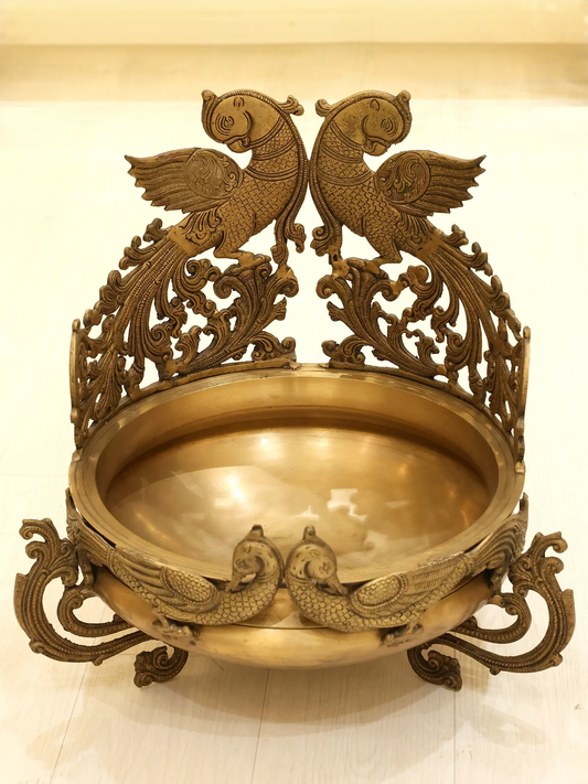 Brassaura® Twin Peacock Designer Brass Urli Bowl | Pure Brass | Height 17 Inches & Weight 11.90 kgs
