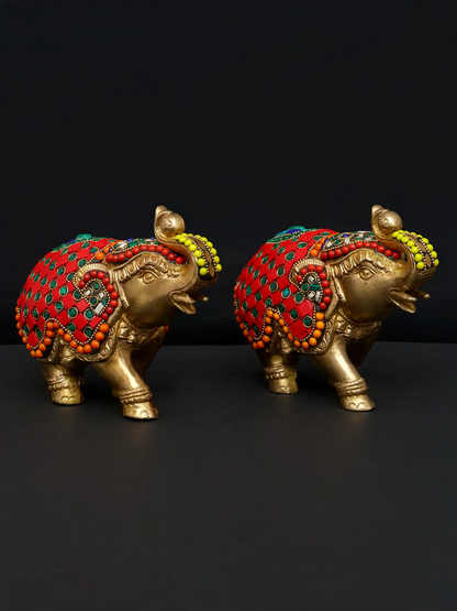 ब्रासौर® मल्टीकलर इनले वर्क के साथ हाथी की पीतल की मूर्तियों का जोड़ा | शुद्ध पीतल | ऊंचाई 5.5 इंच और वजन 3.53 किलोग्राम