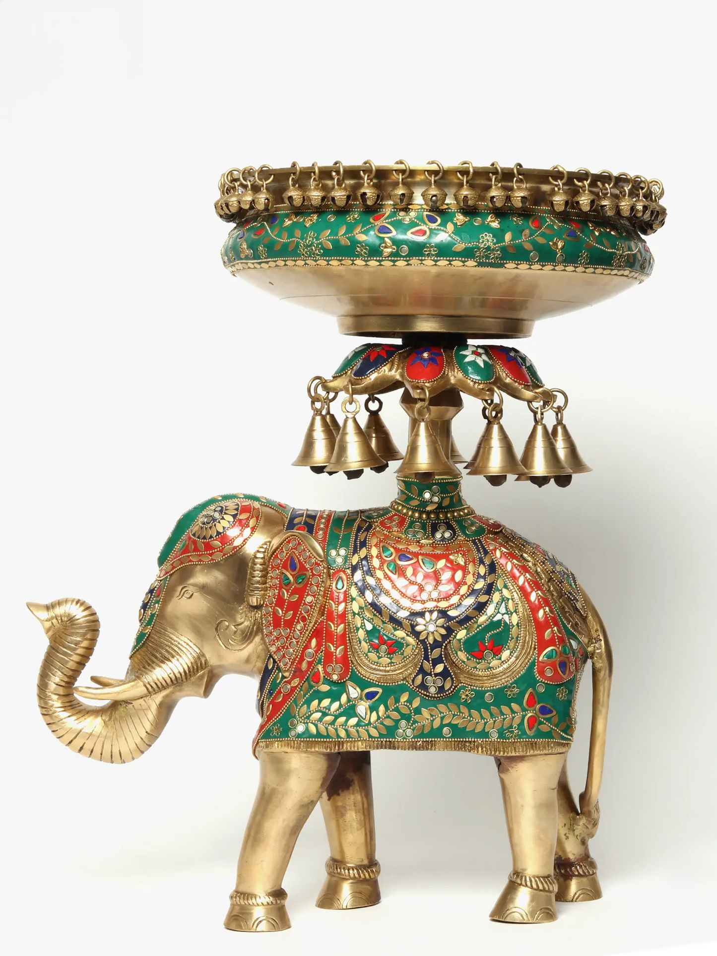 Brassaura® Royal Elephant Brass Urli with Inlay Work & Hanging Bells | Pure Brass | Height 20.7 Inches & Weight 18.35 kgs